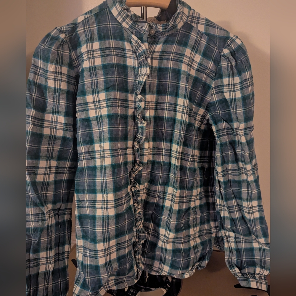 Loft Womens Green White Plaid Cotton Long Sleeve Button Front Blouse Size Small